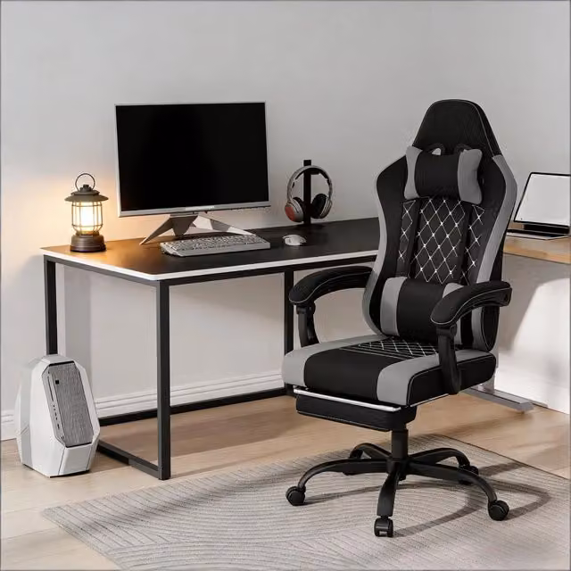 Sedia da ufficio ergonomica con massaggio, poggiapiedi e schienale reclinabile fino a 145 gradi, nero e grigio
