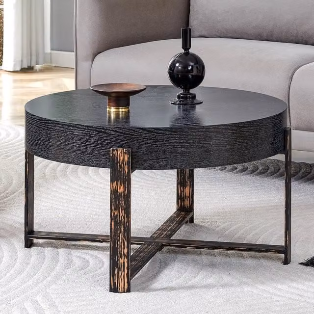 Tavolino da Salotto Rotondo Ø 68 cm Nero Design Moderno con Base a Croce in Metallo Robusto e Piano Effetto Venature per Soggiorno