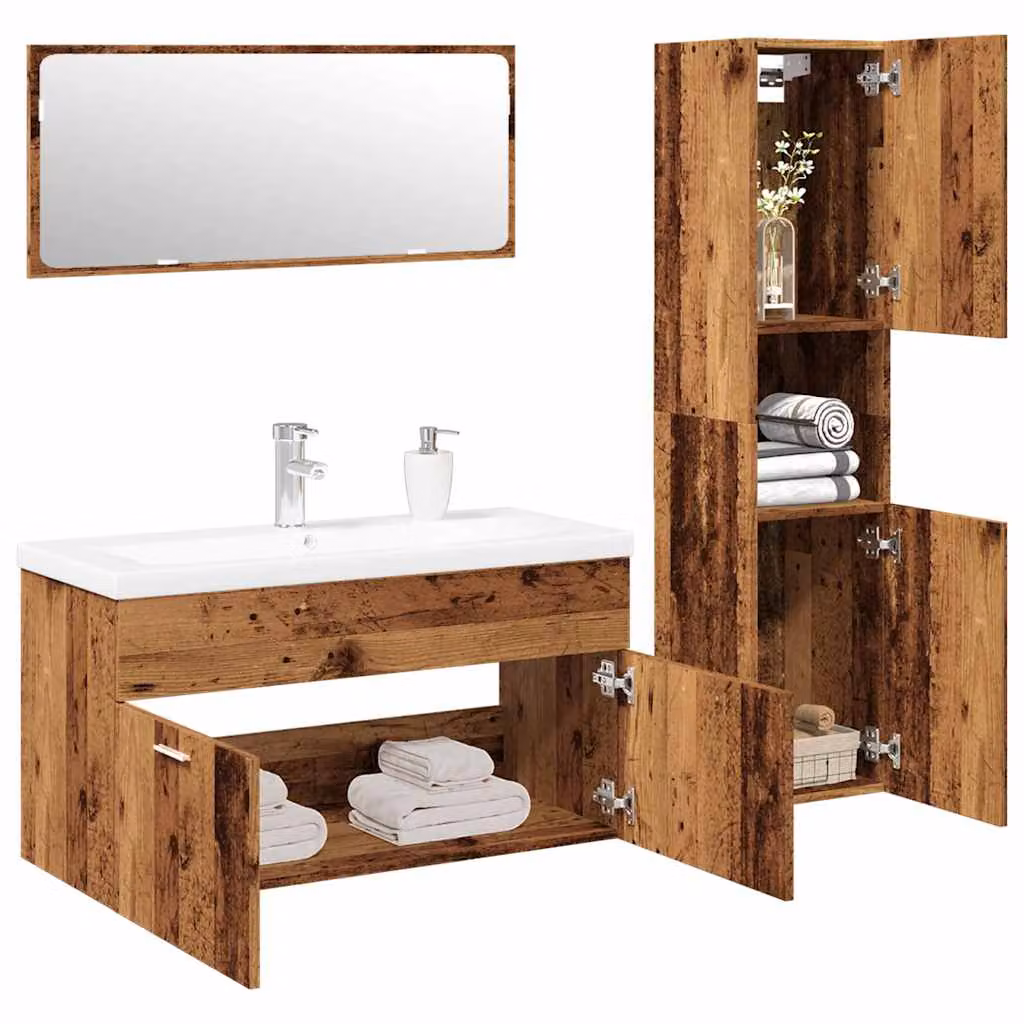 Set di mobili da bagno vidaXL 4 pezzi in legno antico marrone e bianco con mobile lavabo, pensile e specchio