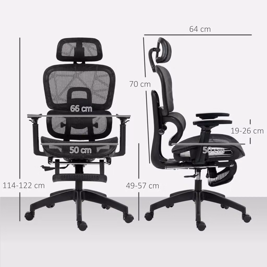 Sedia da ufficio ergonomica WISHDOR girevole in tessuto nero con poggiatesta, regolazione profondità seduta e anello poggiapiedi, H 122 x L 64 x P 66 cm – 2