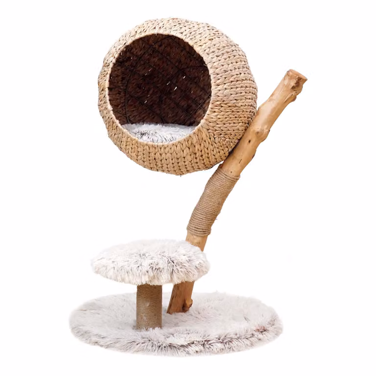 Fudajo tiragraffi di design con cesto per gatti alto 83 cm, tiragraffi di design per gatti con cesto per gatti in vimini, albero per gatti in legno con peluche