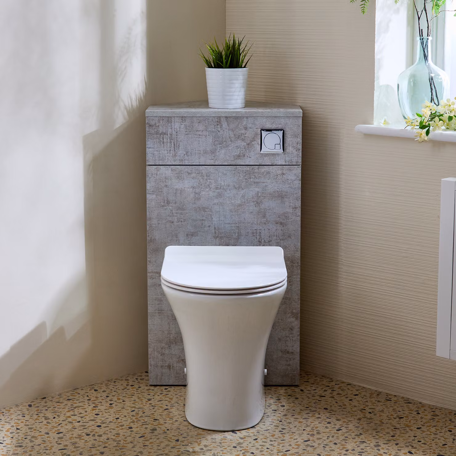 Unità WC Angolare per WC in Grigio Cemento con Sanitario Marbury - con Pulsante di Scarico Cromato - Cluo