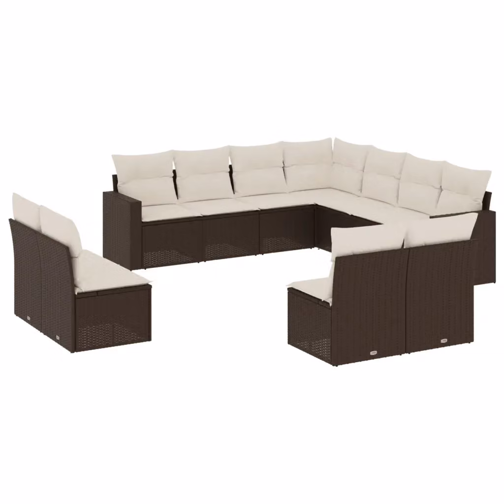 vidaXL Set Divani da Giardino 11 pz a Forma a U in Polyrattan Marrone con Cuscini Bianchi – 2