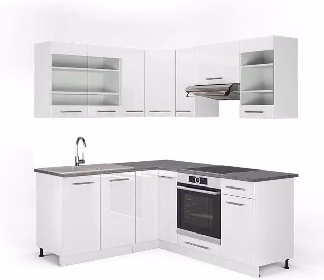 Cucina angolare completa Fame-Line Bianco lucido/Bianco 190 x 160 cm, PL Antracite Vicco