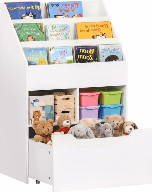 Piccola libreria per bambini HOMCOM con ripiani e cassetto in MDF, Bianco, L: 60 cm, P: 29.9 cm, H: 90 cm – 1