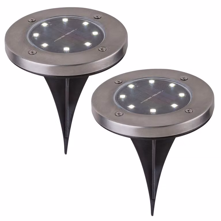 set di 2 luci solari a LED, rotonde, piatte con picchetto a terra