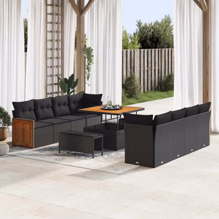 Set Divano da Giardino vidaXL 11 Posti con Cuscini e Tavolino Nero