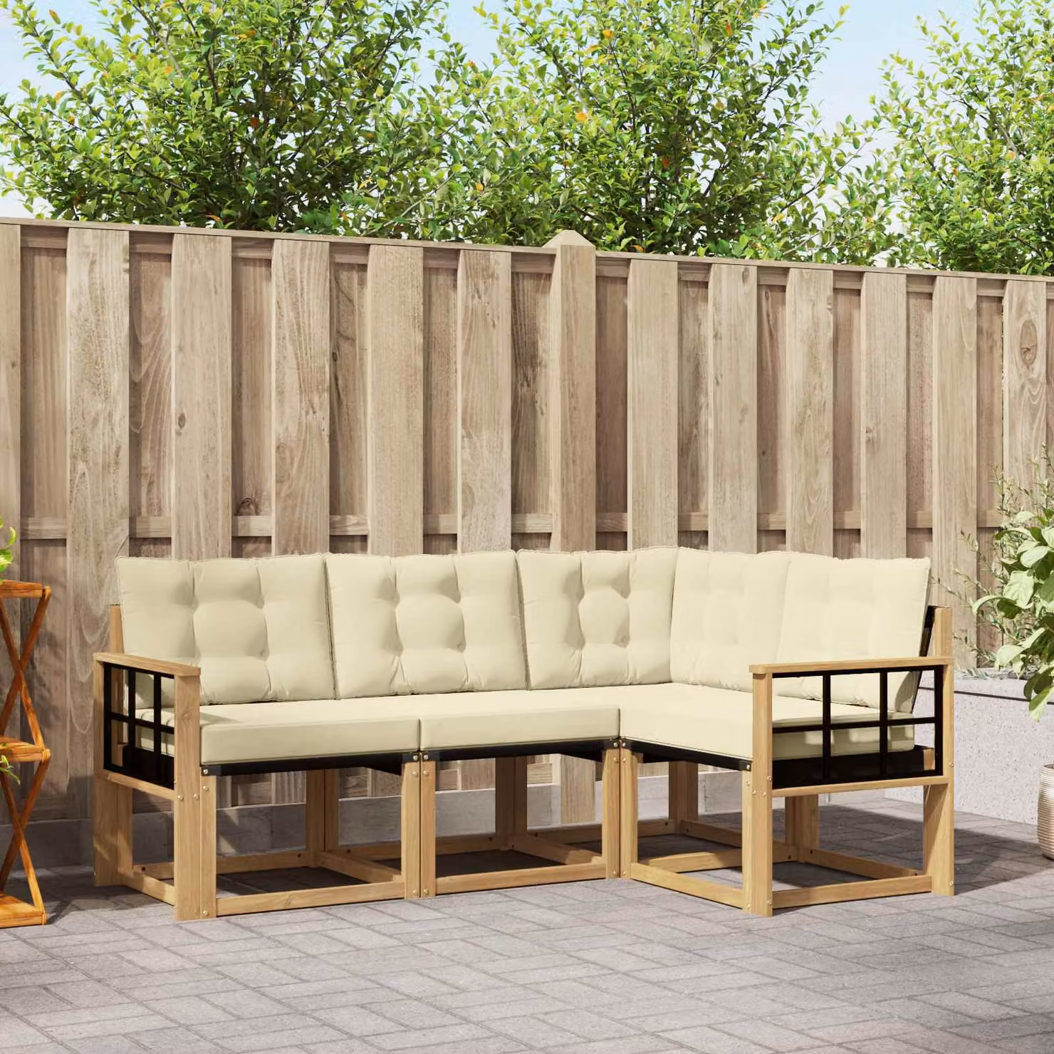 Set di divani da esterno vidaXL a forma di L in legno di acacia con cuscini, Bianco e Beige