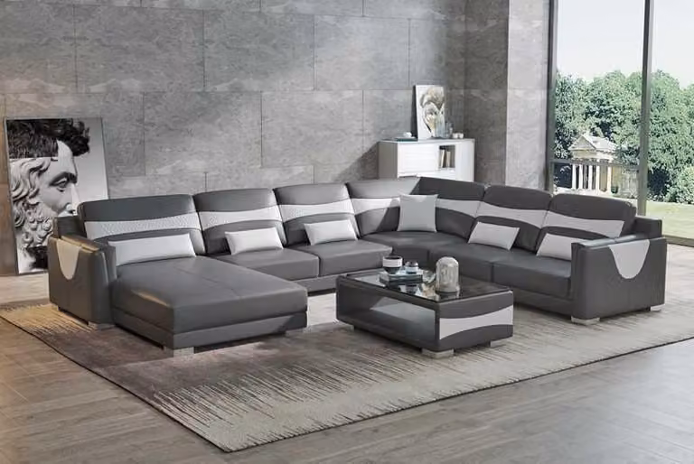 Wohnlandschaft Sofa U-Form Groß Ecksofa Ledersofa Grau Kunstleder
