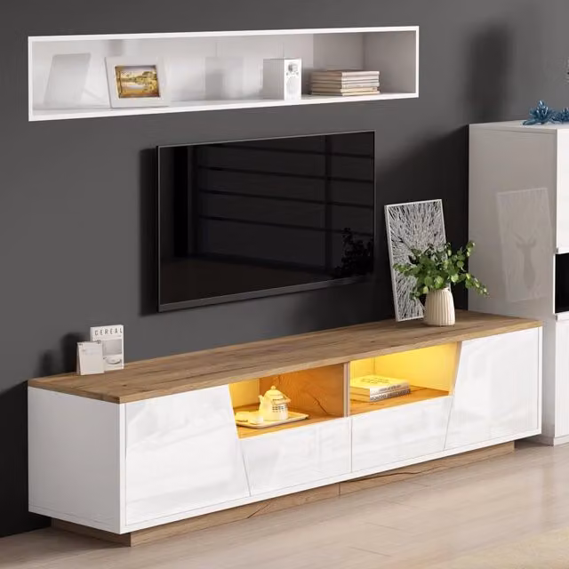 Mobile TV 180x40x46 cm con LED e frontale lucido in truciolare bianco e naturale