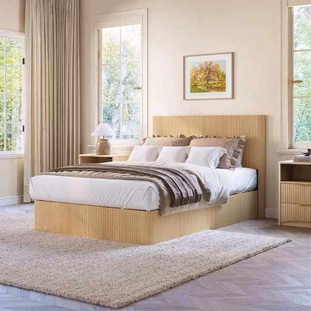 Letto contenitore 140 × 200 cm con sistema di sollevamento idraulico, ampia capacità, senza materasso, rovere chiaro