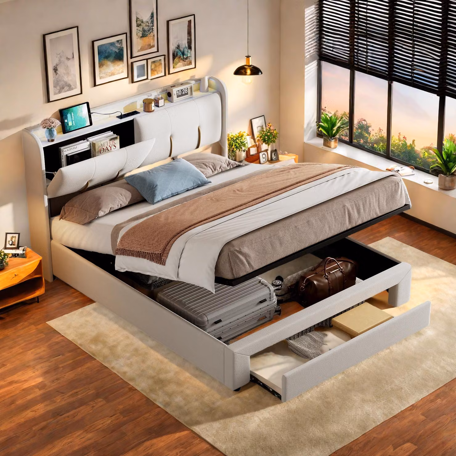 Letto imbottito ProximaX 160x200cm con USB, letto in velluto con cassetti, letto per ragazzi letto matrimoniale con rete a doghe e contenitore, letto contenitore con LED, beige