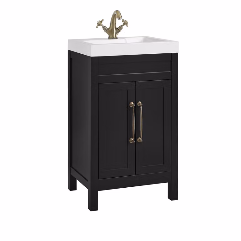 Mobile Bagno Grigio Nero da 500mm con Lavabo e Maniglia Classica con Barra a T in in Ottone Spazzolato - Warwick