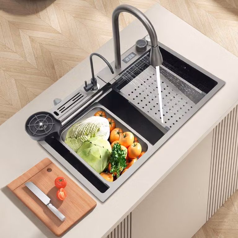 Lavello da cucina - Piano di lavoro intelligente - 75x46x22 cm - Acciaio inossidabile - Argento - Con sistema di controllo intelligente della temperatura
