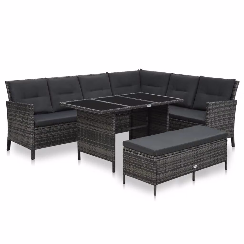 The Living Store Set da giardino 3 pezzi con cuscini in poly rattan grigio