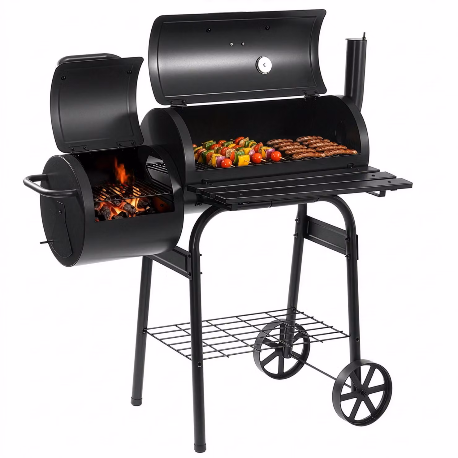 LEHMANN Smoker Grill & Barbecue a carbonella 2 in 1 - 2 camere, coperchio, termometro integrato e manico resistente al calore, nero