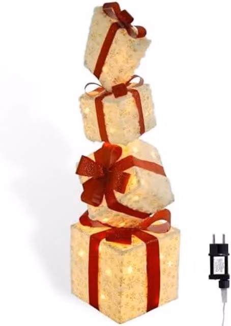 Set di 4 scatole regalo LED bianche con luce bianco caldo per decorazione natalizia