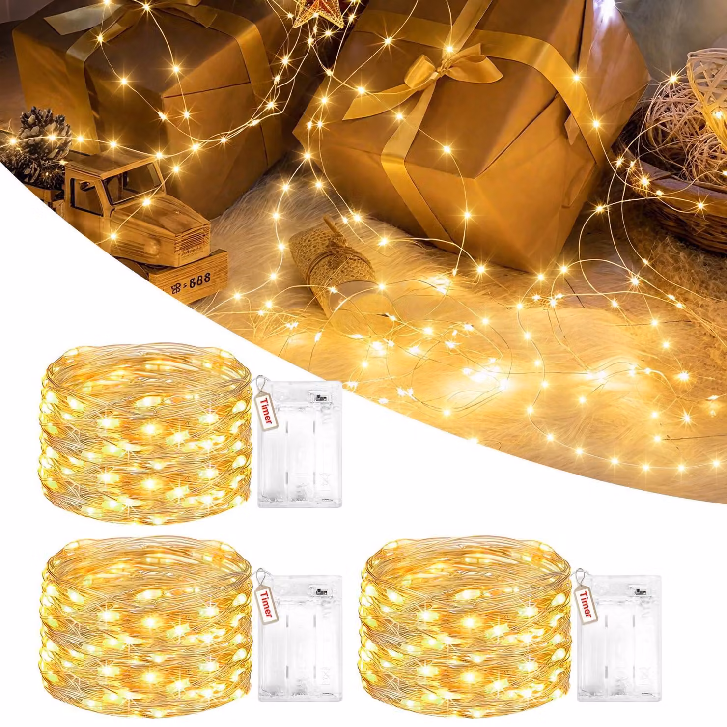 Set di 3 catene luminose, luce bianco caldo, 3 metri, 30 LED, con timer, alimentazione a batteria
