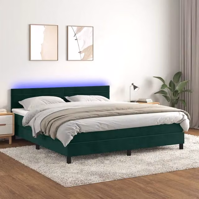 Letto a Molle con Materasso e LED Verde Scuro 160x200cm Velluto 3134474