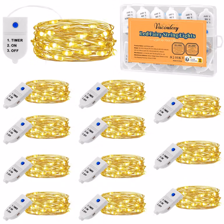 Catena luminosa a LED, 2 metri, 20 LED bianco caldo, con timer, grado di protezione IP65, confezione da 12
