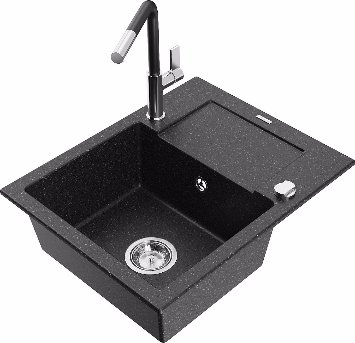 Mexen Enzo lavello in granito a 1 vasca con sgocciolatoio e rubinetto da cucina Flora, nero/argento metallizzato