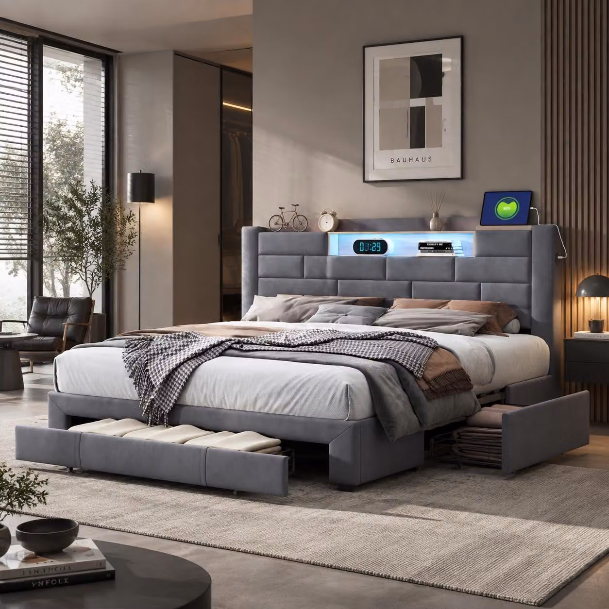 Letto imbottito INONEFT, 140x200 cm, con illuminazione LED e prese USB, letto matrimoniale per ragazzi con 3 cassetti, struttura del letto con rete a doghe, tessuto velluto grigio