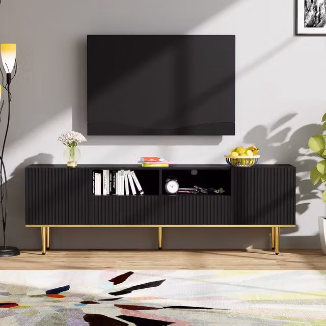 Mobile Porta TV Moderno GL Store in Legno Nero Opaco con Ripiani e Cassetti L: 165 cm, P: 36 cm, H: 55 cm – 1