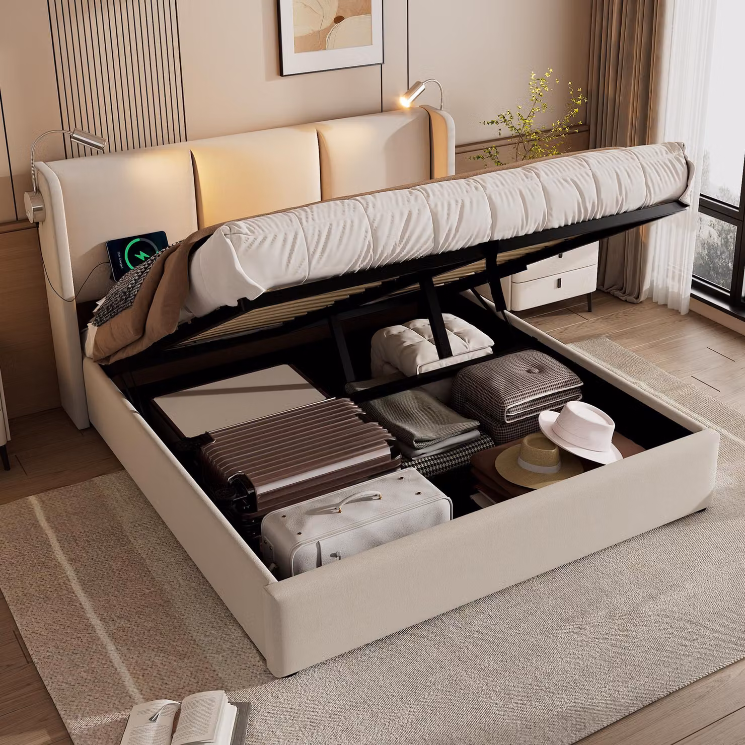 Letto imbottito 180x200 cm con contenitore a sollevamento idraulico, lampada da lettura a LED e 2 prese USB, rete a doghe, rivestimento in lino, color beige