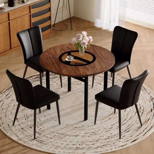 Set tavolo e 4 sedie da sala da pranzo con piano rotondo e ripiano, in MDF, vetro, metallo e PU, marrone e nero