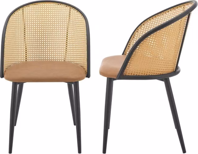 Set di 2 Sedie Gagnef en.casa in Similpelle Marrone con Schienale in Rattan e Struttura in Metallo Nero