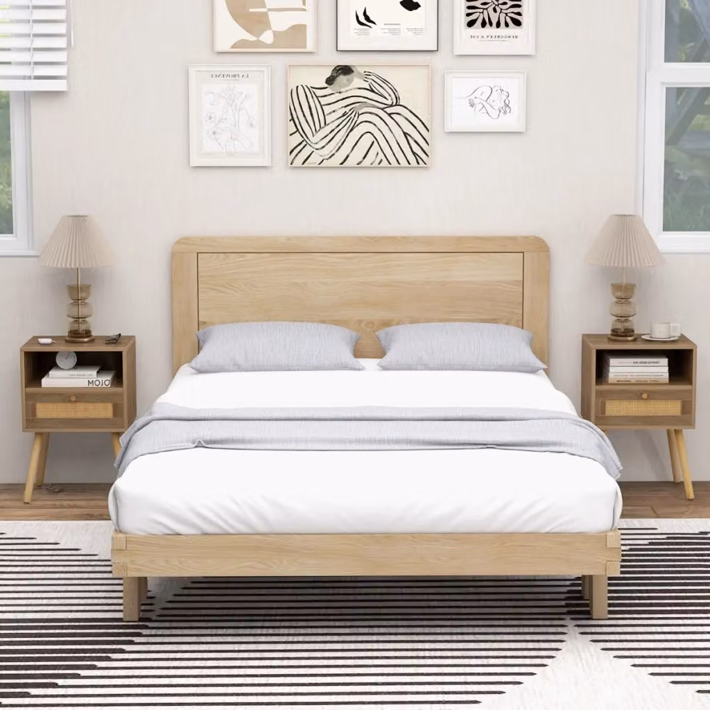 Set di 2 comodini in legno di pino e rattan stile boho, colore marrone naturale – 2