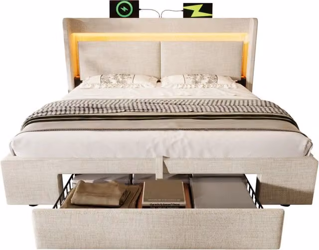 Letto matrimoniale 160x200 cm con vano idraulico; LED; USB e USB-C in lino beige