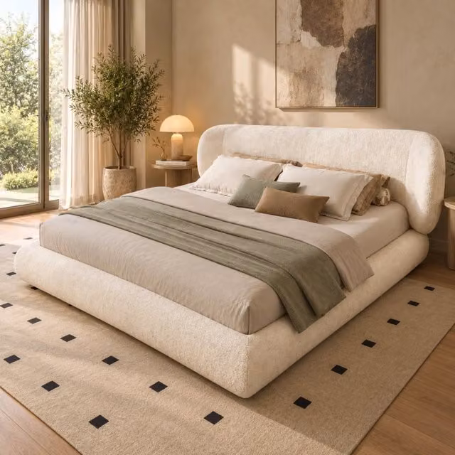 Letto matrimoniale imbottito 160x200 cm; rete a doghe; testiera; angoli arrotondati; schiuma ad alta elasticit ; legno; ciniglia; beige