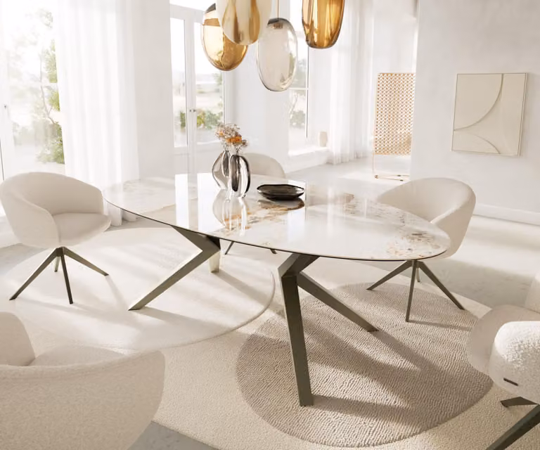 Tavolo da pranzo DELIFE Edge ovale 220x120 Vetroceramica Minas melange bianco-beige Zenthara spigoloso effetto metallo finitura titanio