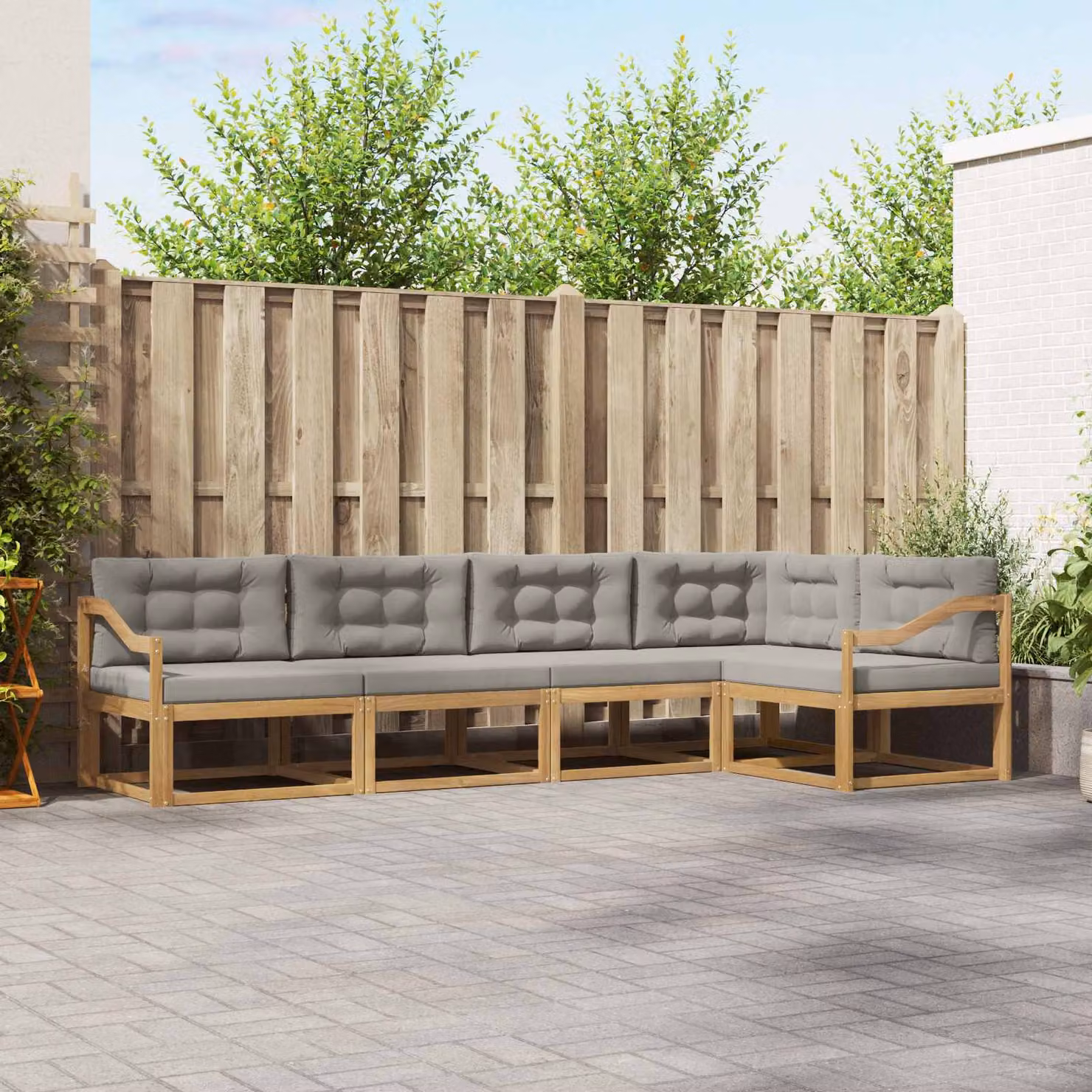 Set di divani da esterno a L vidaXL in legno di acacia con cuscini, Bianco, Grigio e Marrone