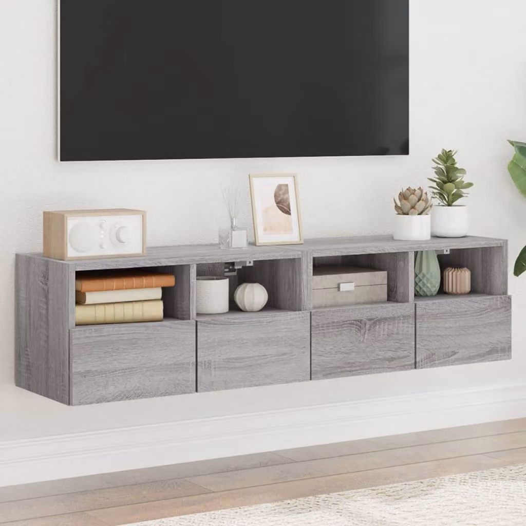 Set di 2 mobili TV da parete vidaXL moderni in legno multistrato e MDF, colore grigio, L 60 cm x P 30 cm x H 30 cm