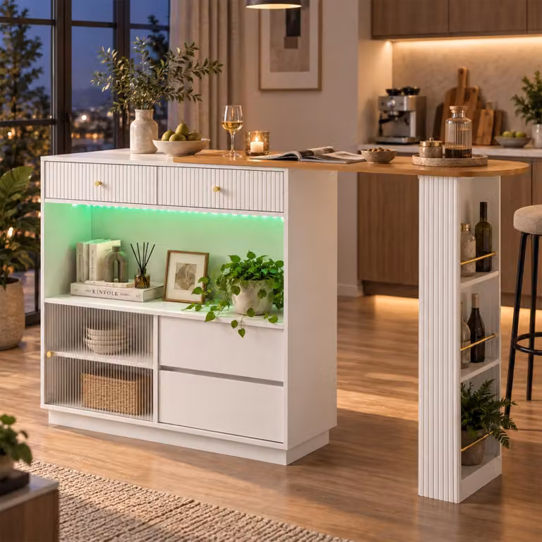 Isola da cucina estendibile con illuminazione a LED, bancone bar rotante a 360° con ante scorrevoli in acrilico, tavolo da bistrot con piano di lavoro multifunzionale, colore bianco