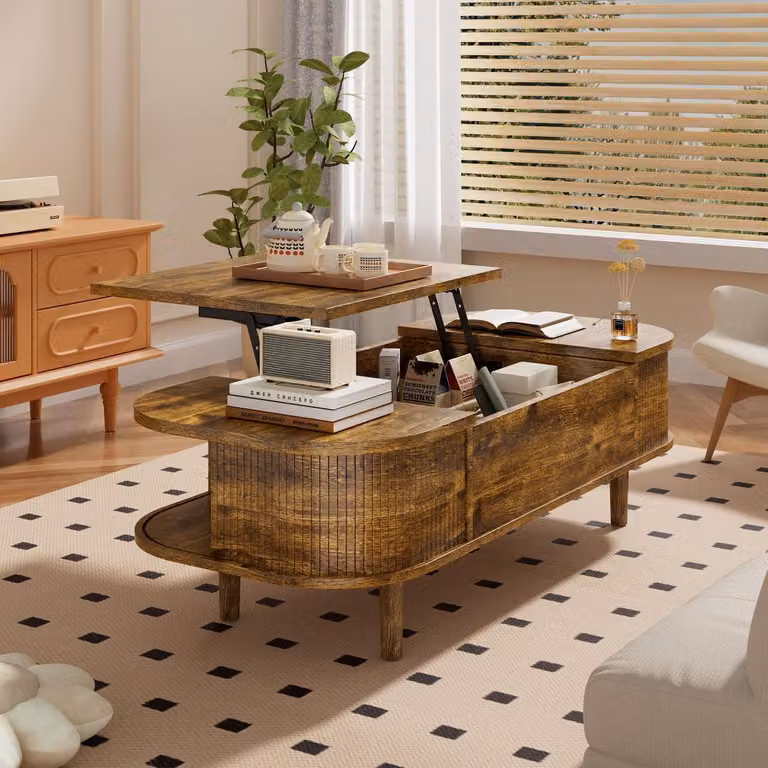 Tavolino con piano sollevabile, in legno, stile rustico, colore marrone, con vano portaoggetti e superficie di lavoro