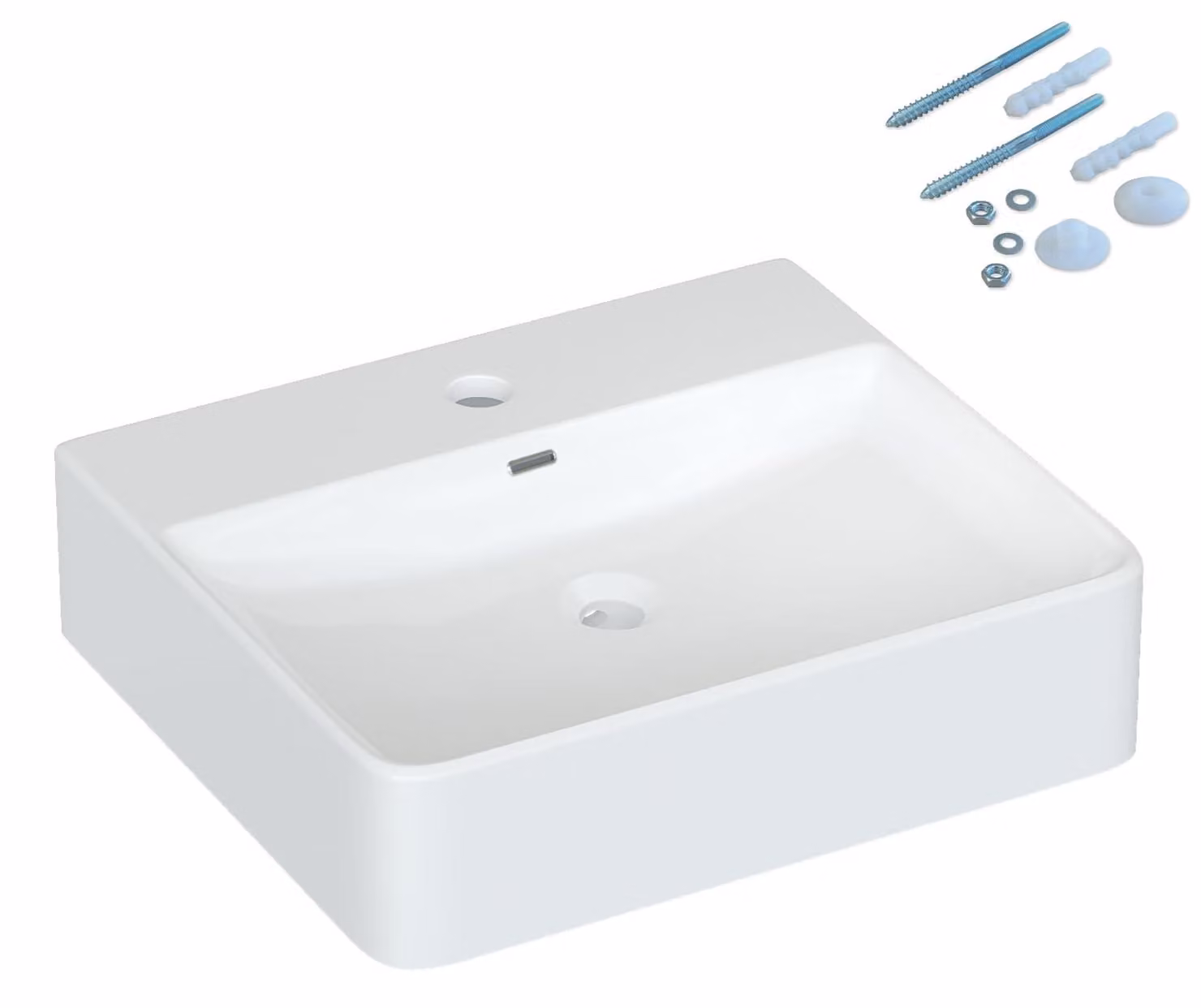 Lavabo in Vetroceramica, dimensioni 50x42x13,5 cm, con foro per il rubinetto e sistema di troppo pieno