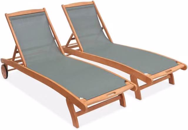 Set 2 lettini prendisole in legno multiposizione con ruote, verde kaki