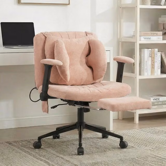 Sedia da ufficio ergonomica girevole rosa con poggiapiedi e braccioli, struttura in metallo e rivestimento in tessuto, portata massima 150 kg