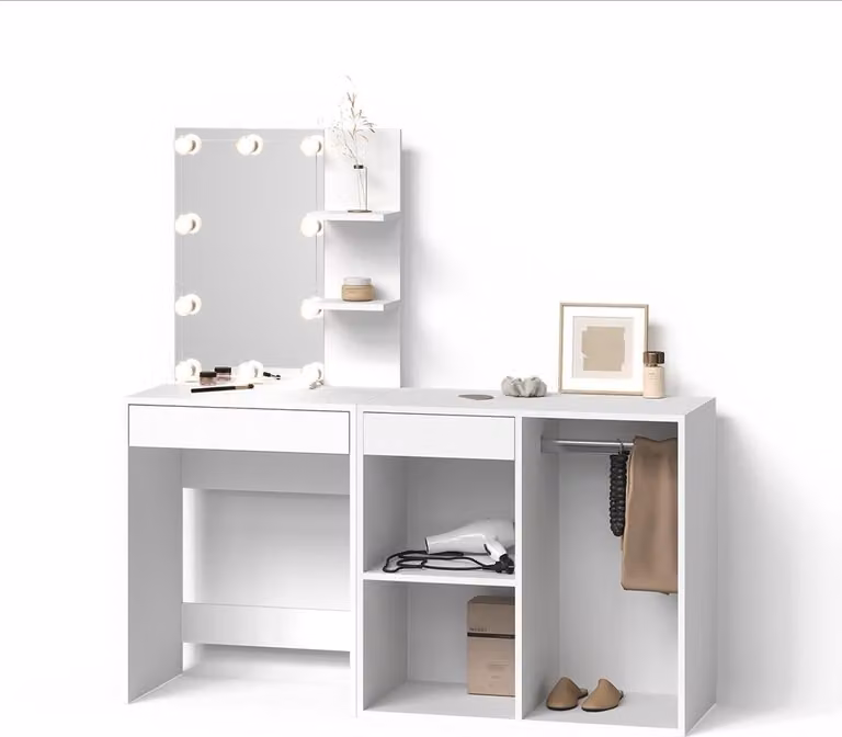 Tavolo da toeletta Livinity Nola Bianco 140 cm con specchio, catena luminosa LED e mobile aggiuntivo, Model 52348