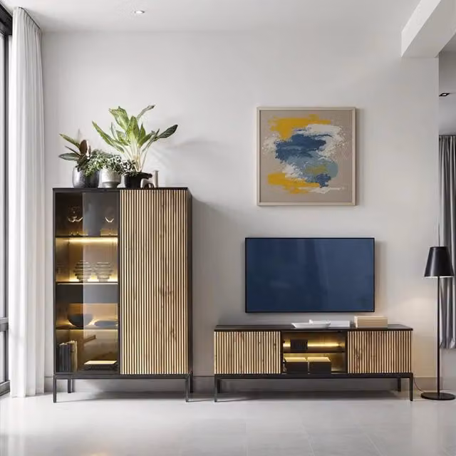 Set mobili soggiorno Komodee Laval moderno con illuminazione integrata Nero e Rovere L: 257 cm, H: 126 cm, P: 39 cm