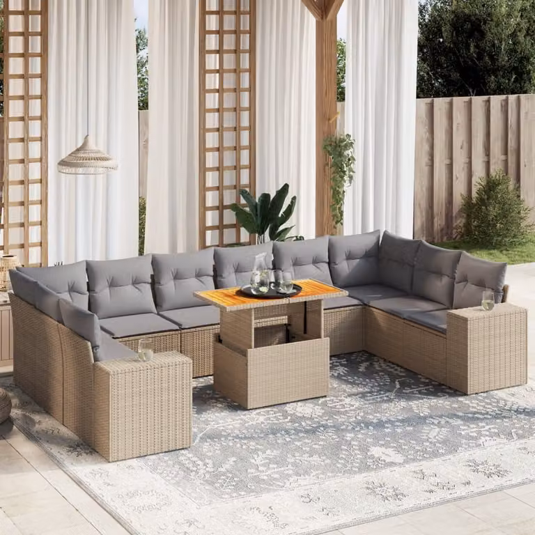 vidaXL Set Divani da Giardino a L 11 pz con Cuscini Beige e Grigio in Polyrattan e Legno di Acacia