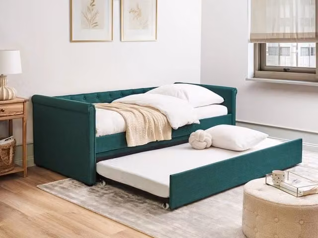 Divano Letto Chesterfield Beliani Verde con Rivestimento in Tessuto e Struttura in Legno di Gomma, Misura Singola