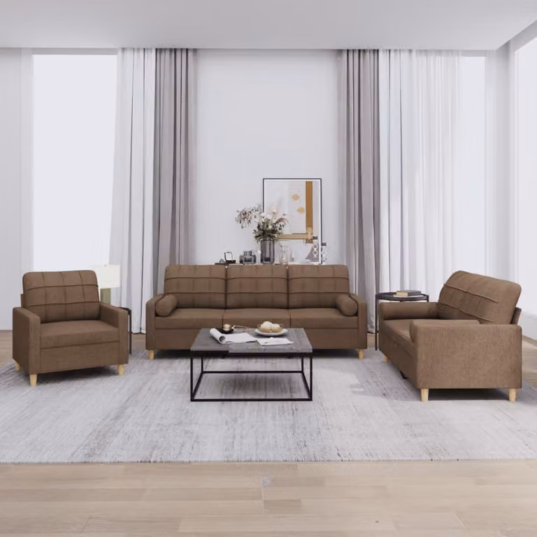 Set di divani 3 pezzi vidaXL in tessuto marrone con cuscini per soggiorno moderno