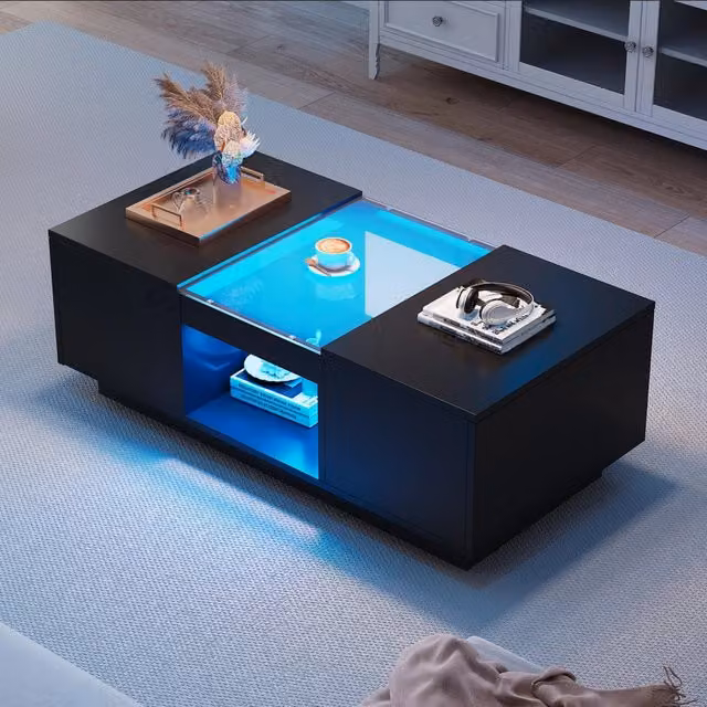 Tavolino da Salotto Nero 100x50x35,5 cm con Rivestimento in Vetro, Illuminazione LED Controllo App, 2 Cassetti e 1 Scomparto Aperto