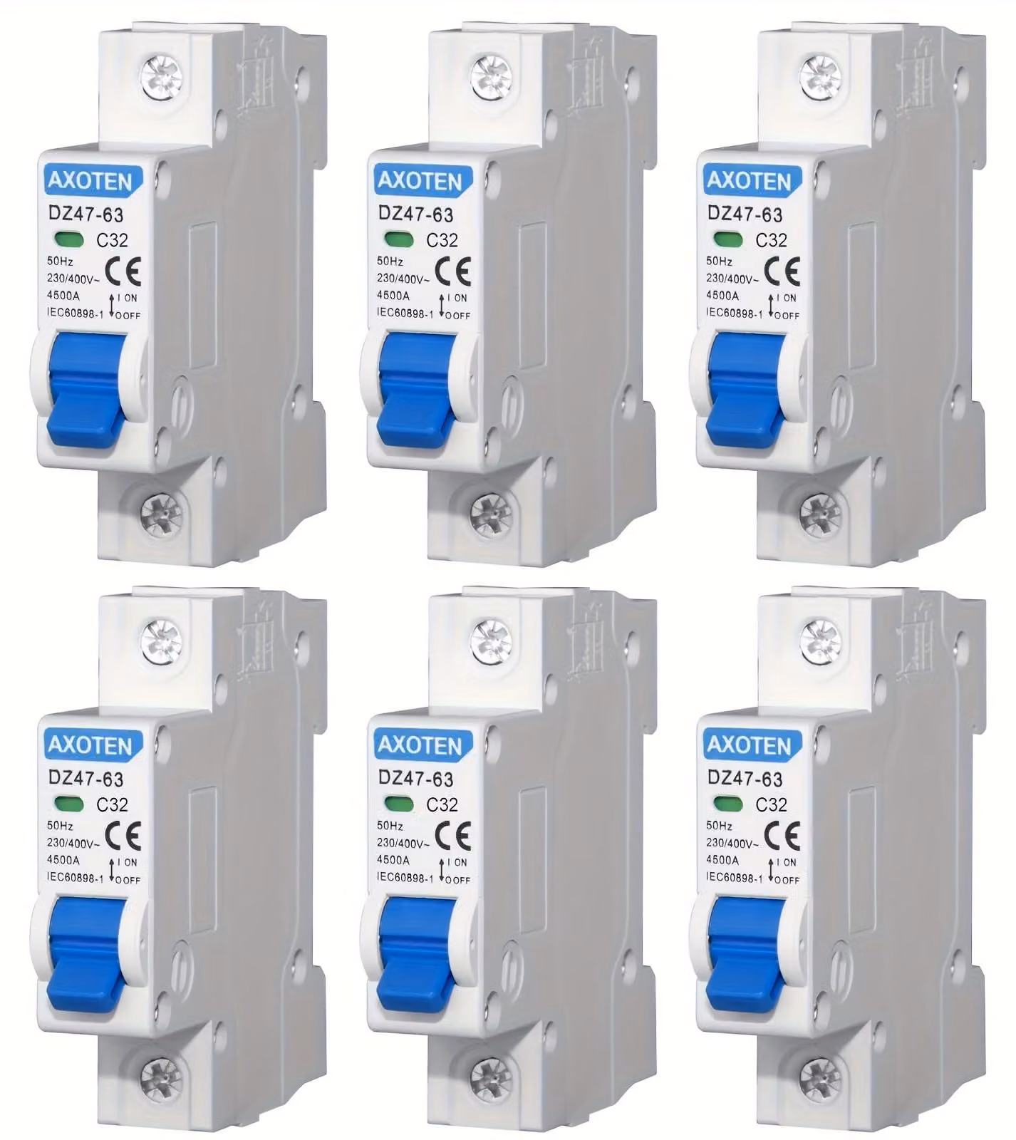 6 interruttori magnetotermici miniaturizzati (MCB) da 1P 32A per quadri elettrici