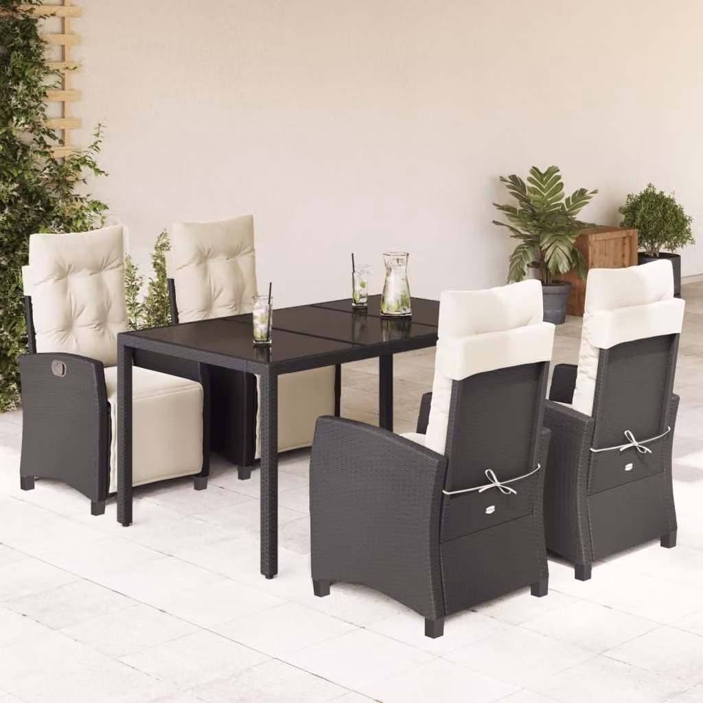 Set da Pranzo da Giardino vidaXL 5 pz in Polyrattan Nero con Cuscini e Tavolo in Vetro – 1