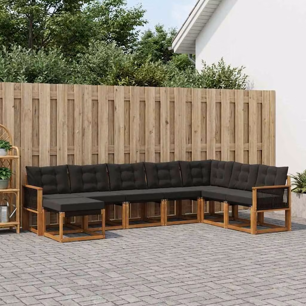Set di divani da esterno vidaXL 8 pz in legno di acacia con cuscini, forma a L, colore marrone e nero